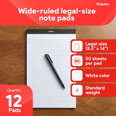 Staples Notepads, 8.5 x 14 (legal), Wide Ruled, White, 50 Sheets/Pad, Dozen Pads/Pack (ST57342)