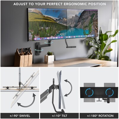 Mount-It! Adjustable Dual Monitor Wall Mount with Gas Spring Arm and Crossbar, Up to 32" Monitor, Black (MI-12010)