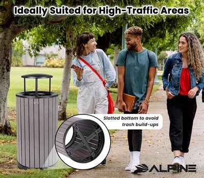 Alpine Industries Steel Outdoor Trash Can with Rain Bonnet Lid, 32 Gallon, Gray (ALP4400-01-GRY-RB)