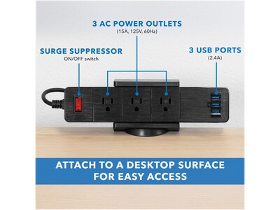 Mount-It! 3-Outlet 3-USB Port 5' Surge Protector with Clamp Desk Mount, Black (MI-7281B)