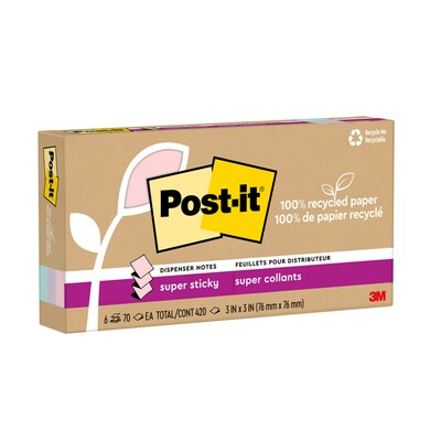 Post-it Wanderlust Pastels Recycled Pop-up Super Sticky Notes, 3" x 3", 70 Sheets/Pad, 6 Pads/Pack (R330R-6SSNRP)