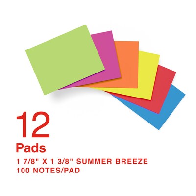 Staples Sticky Notes, 1 3/8 x 1 7/8, Summer Breeze Collection, 100 Sheets/Pad, 12 Pads/Pack (ST628