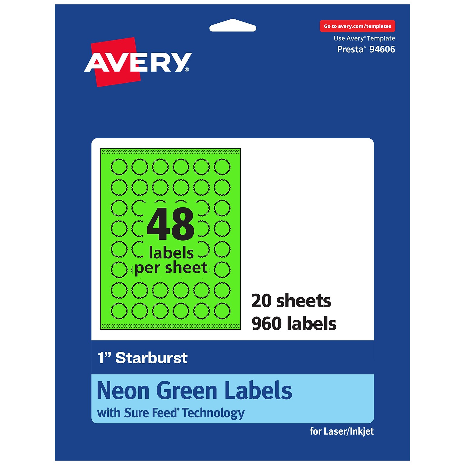 Avery Burst Multipurpose Labels, 1, Neon Green, 960/Pack (94606)