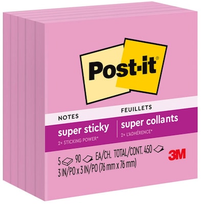 Post-it Super Sticky Notes, 3 x 3, Neon Pink, 90 Sheet/Pad, 5 Pads/Pack (654-5SSNP)
