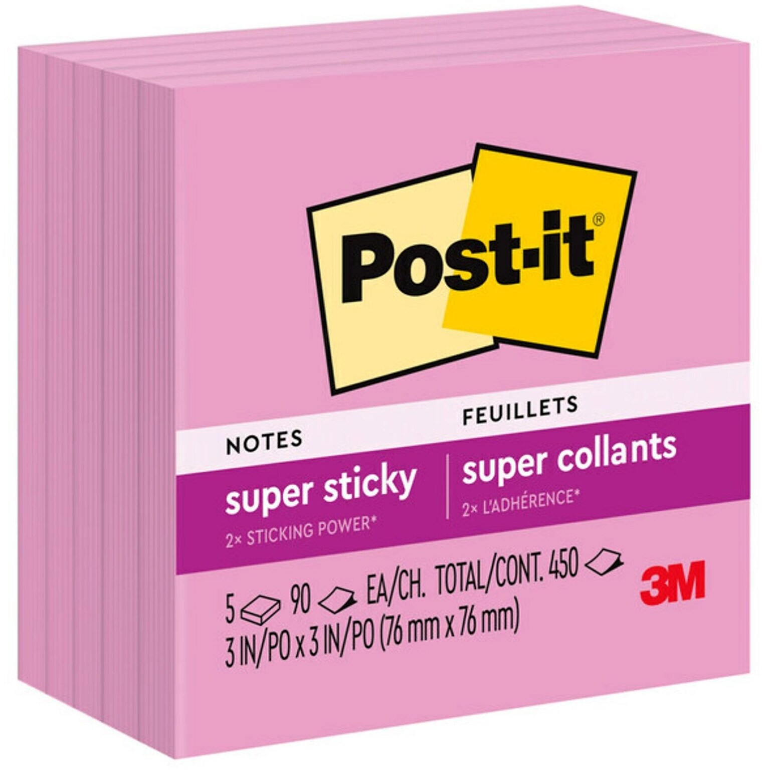 Post-it Super Sticky Notes, 3 x 3, Neon Pink, 90 Sheet/Pad, 5 Pads/Pack (654-5SSNP)