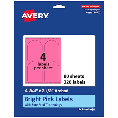 Avery Arched Laser/Inkjet Multipurpose Labels, 4.75 x 3.5, Bright Pink (320/Box)