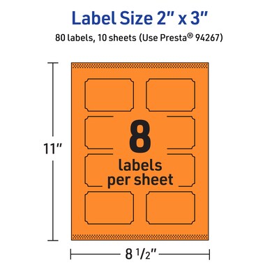 Avery Laser/Inkjet Multipurpose Decorative Edge Labels, 2" x 3", Bright Orange, 80/Pack (94267)