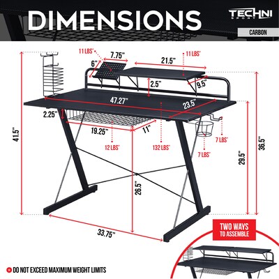 Techni Sport Carbon Computer Gaming Desk with Shelving, Black (RTA-TS200-BK)
