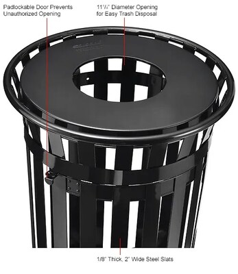 Global Industrial Outdoor Slatted Steel Trash Can w/ Access Door & Flat Lid, 36 Gallon, Black (261940BK)