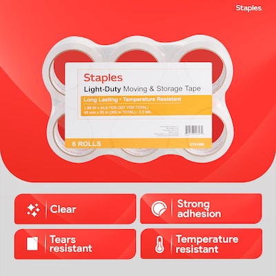 Staples® Lightweight Moving & Storage Packing Tape, 1.88" x 54.6 yds., Clear, 6/Pack (ST61006/52207)