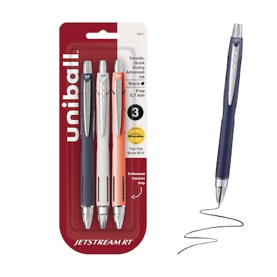 uni-ball Jetstream RT Retractable Ballpoint Pen, Fine Point, 0.7mm, Black Ink, 3/Pack (70917)