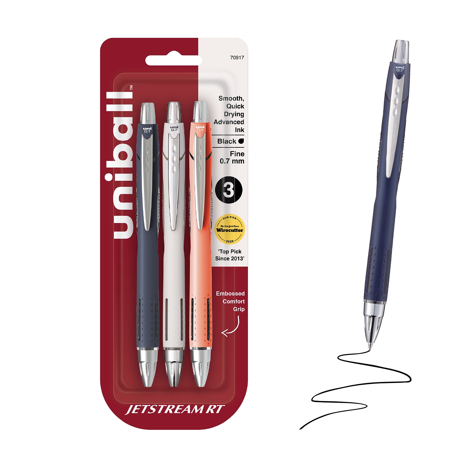 uni-ball Jetstream RT Retractable Ballpoint Pen, Fine Point, 0.7mm, Black Ink, 3/Pack (70917)