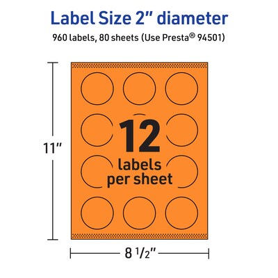 Avery Laser/Inkjet Multipurpose Circle Labels, 2" Dia., Bright Orange, 960/Box (94501)
