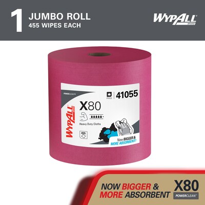 WypAll PowerClean X80 Cloth Cleaning Wipers, 16.8 x 12.5, Red, 455 Sheets/Roll (41055)
