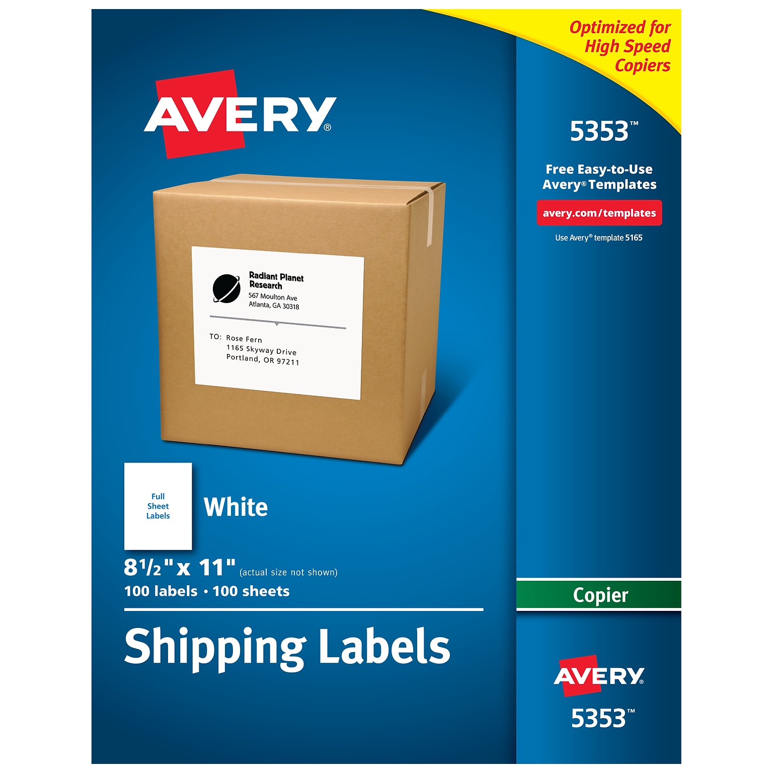 Avery Copier Shipping Labels, 8-1/2 x 11, White, 1 Label/Sheet, 100 Sheets/Box (5353)