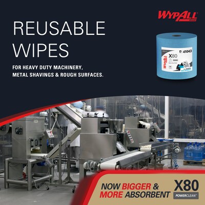 WypAll PowerClean X80 Fabric Cleaning Wipers, 13.4" x 12.5", Blue, 455 Sheets/Roll (41043)