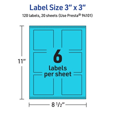Avery Laser/Inkjet Multipurpose Square Labels, 3" x 3", Bright Blue, 120/Pack (94101)