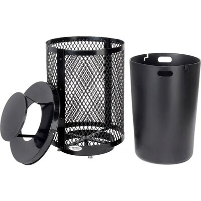 Global Industrial Outdoor Diamond Steel Trash Can w/ Rain Bonnet Lid & Base, 36 Gallon, Black (26192