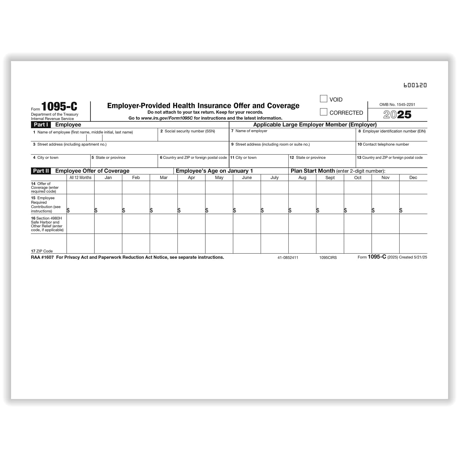 ComplyRight 2025 1095-C Tax Form, 1-Part, White/Black, 500/Pack (1095CIRS500)