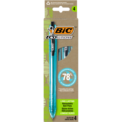 BIC Ecolutions Ocean-Bound Retractable Ballpoint Pens, Medium Point, Black Ink, 4/Pack (BPRRP41-BLK)