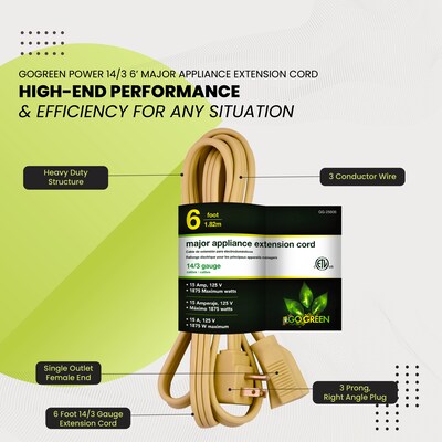 GoGreen Power 14/3 6' Appliance Cord, Beige, 3/Pack (GG-25606)