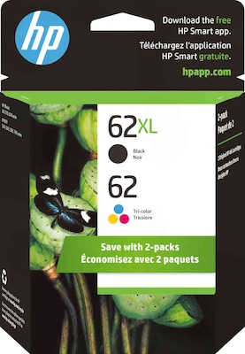 HP 62XL/62 Black High Yield and Tri-Color Standard Yield Ink Cartridge, 2/Pack (N9H67FN#140)