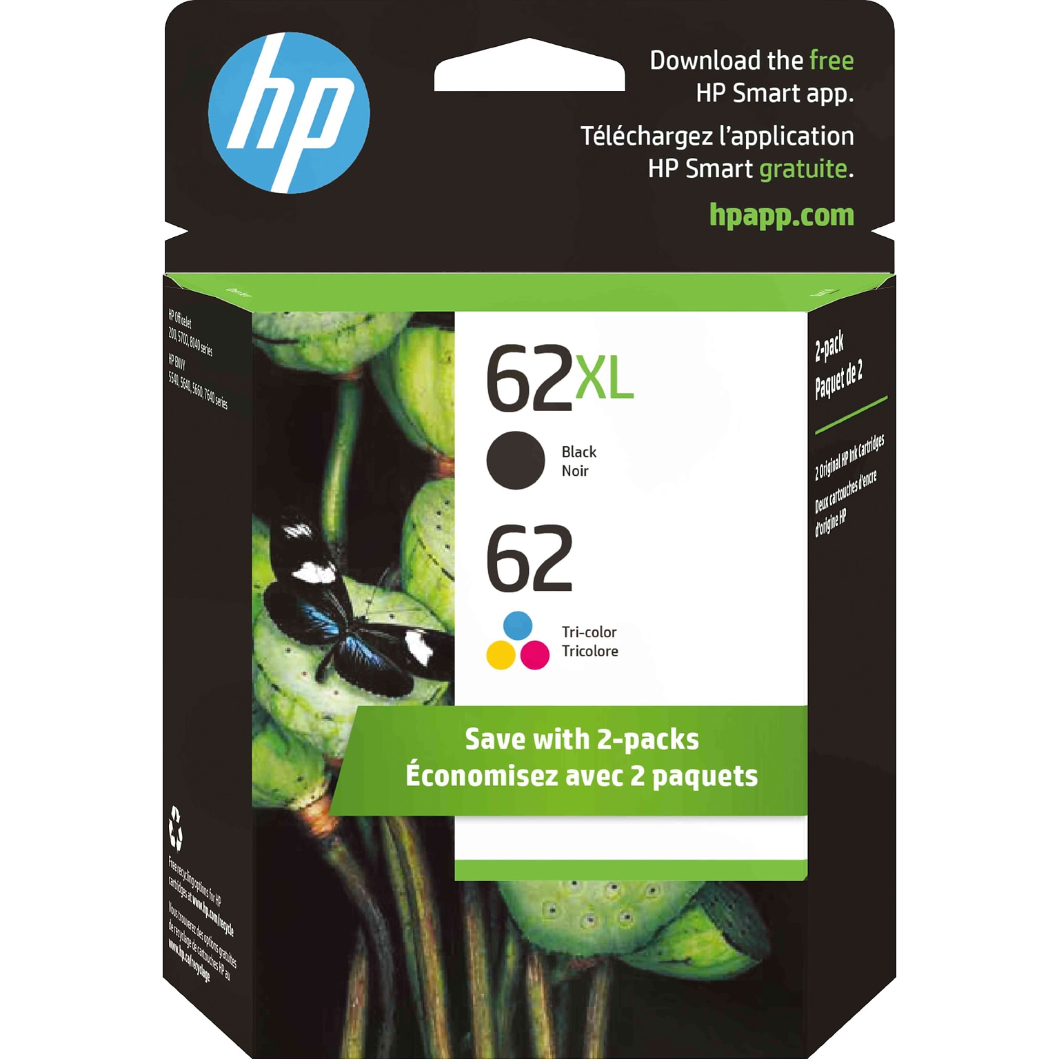 HP 62XL/62 Black High Yield and Tri-Color Standard Yield Ink Cartridge, 2/Pack (N9H67FN#140)