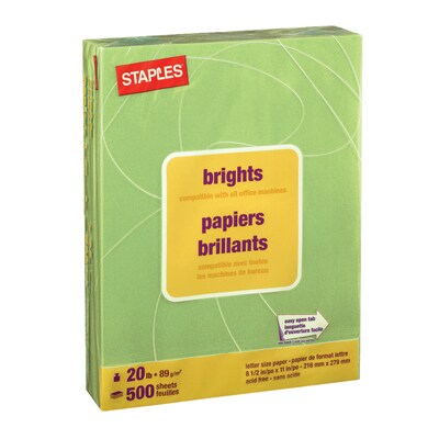 Staples Brights Multipurpose Colored Paper, 20 lbs., 8.5 x 11, Lime, 500/Ream (25206)