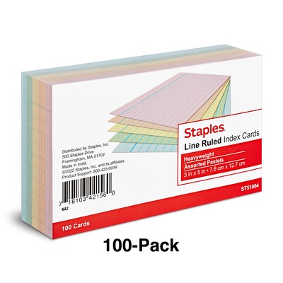 Staples 3" x 5" Index Cards, Lined, Assorted Colors, 100/Pack (TR51004)