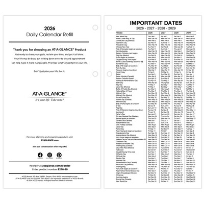 2026 AT-A-GLANCE 8" x 4.5" Daily Calendar Refill Pages, White/Black (E210-50-26)