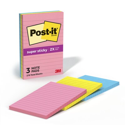 Post-it Super Sticky Notes, 4 x 6, Neon Fizz Collection, Lined, 90 Sheet/Pad, 3 Pads/Pack (6603SSUC)