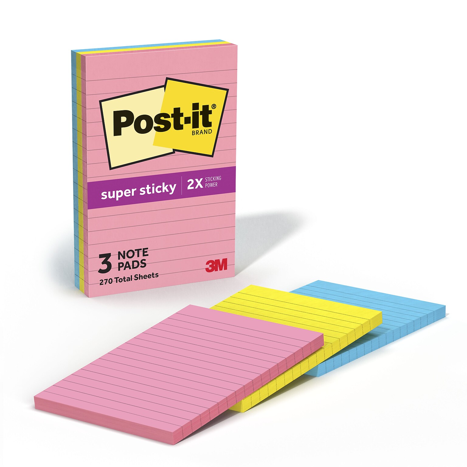 Post-it Super Sticky Notes, 4 x 6, Neon Fizz Collection, Lined, 90 Sheet/Pad, 3 Pads/Pack (6603SSUC)