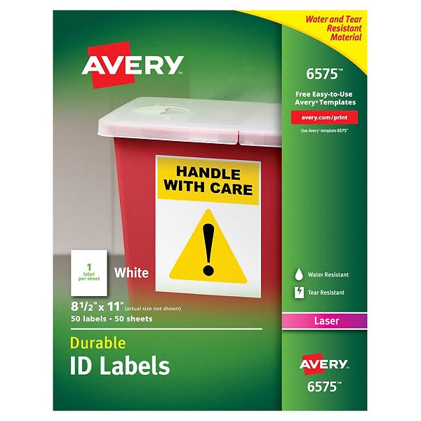 Avery Durable Laser Identification Labels, 8 1/2 x 11, White, 50 Labels Per Pack (6575)