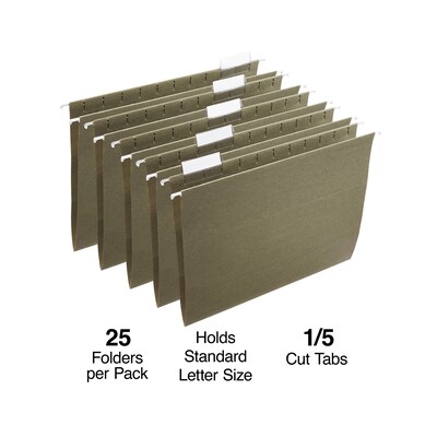 Staples® 100% Recycled Hanging File Folders, Letter, 1/5-Cut Tab, Letter Size, Standard Green, 25/Box (ST116764)