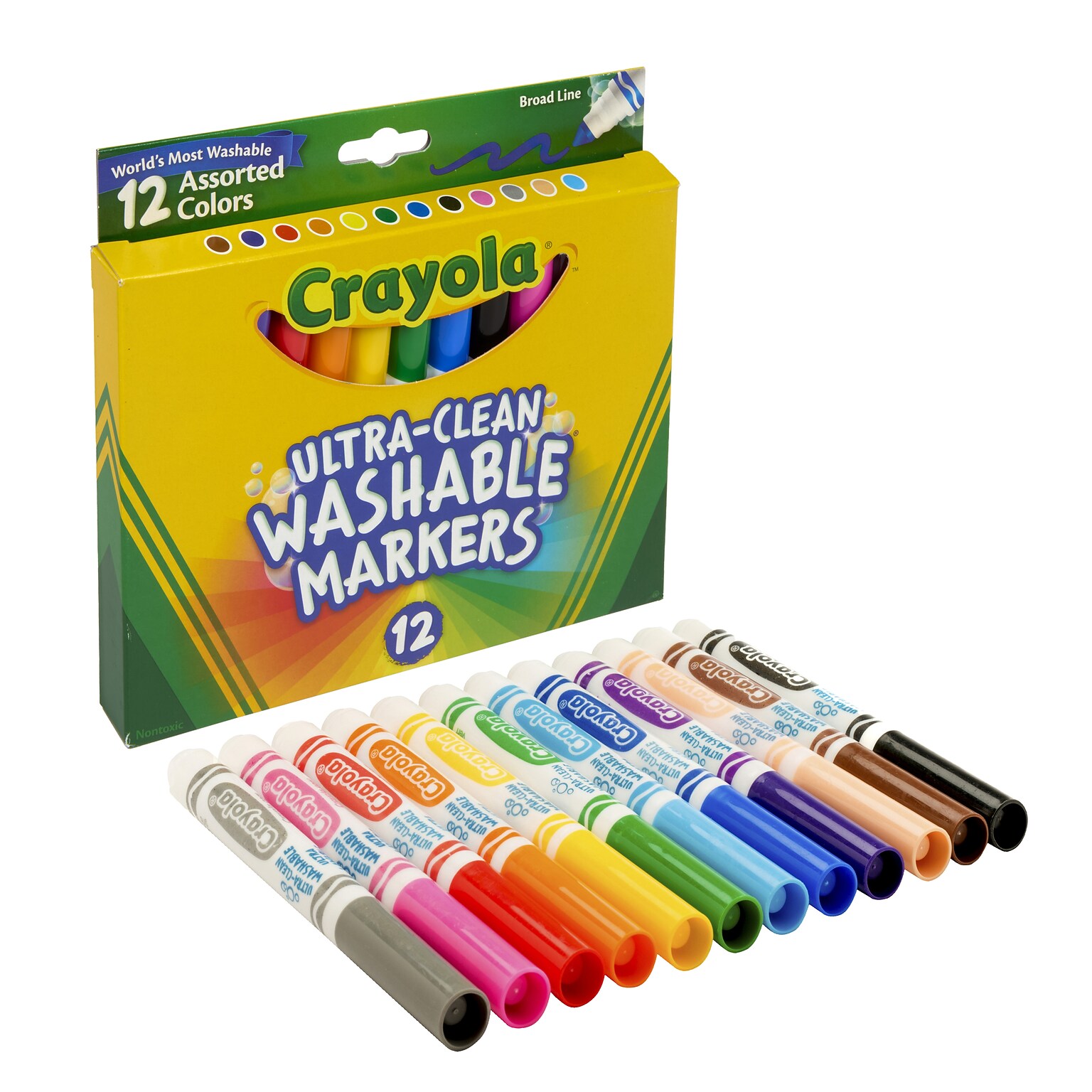 Crayola Ultra-Clean Washable Markers, Broad, Assorted Colors, 12/Box (58-7812)