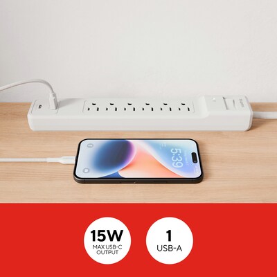 Staples TECH 6-Outlet 2-USB Port Surge Protector, 6', 1800 Joules, White (ST62777)