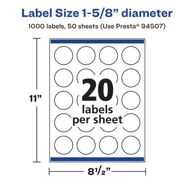 Avery Laser/Inkjet Multipurpose Circle Labels, 1.625" Dia, Glossy White, 1000/Box (94507)
