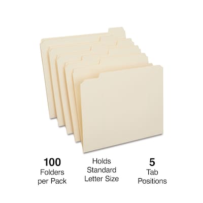 Staples® Reinforced File Folders, 1/5 Cut Tab, Letter Size, Manila, 100/Box (TR509000)