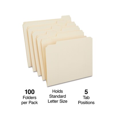 Staples® Reinforced File Folders, 1/5 Cut Tab, Letter Size, Manila, 100/Box (TR509000)
