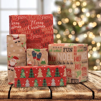  JAM Paper Assorted Gift Wrap - Christmas Kraft Wrapping Paper -  125 Sq Ft Total - Kids Kraft Christmas Set - 5 Rolls/Pack : Health &  Household