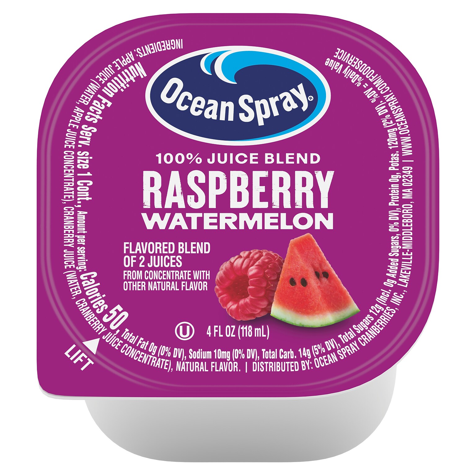 Ocean Spray 100% Raspberry Watermelon Juice Blend, No Sugar Added, No Pulp, 4 oz., 48/Pack (220-02961)
