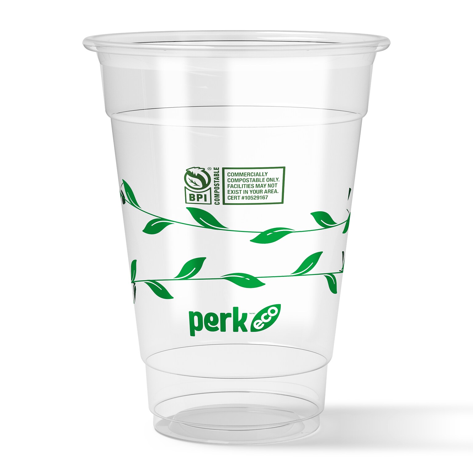 Perk™ Eco Compostable Plastic Cold Cup, 16 Oz., Clear/Green, 300/Carton (PK56197)