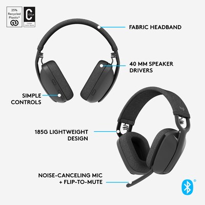 Logitech Zone Vibe 100 Wireless Noise Canceling Bluetooth Headset, Graphite (981-001256)