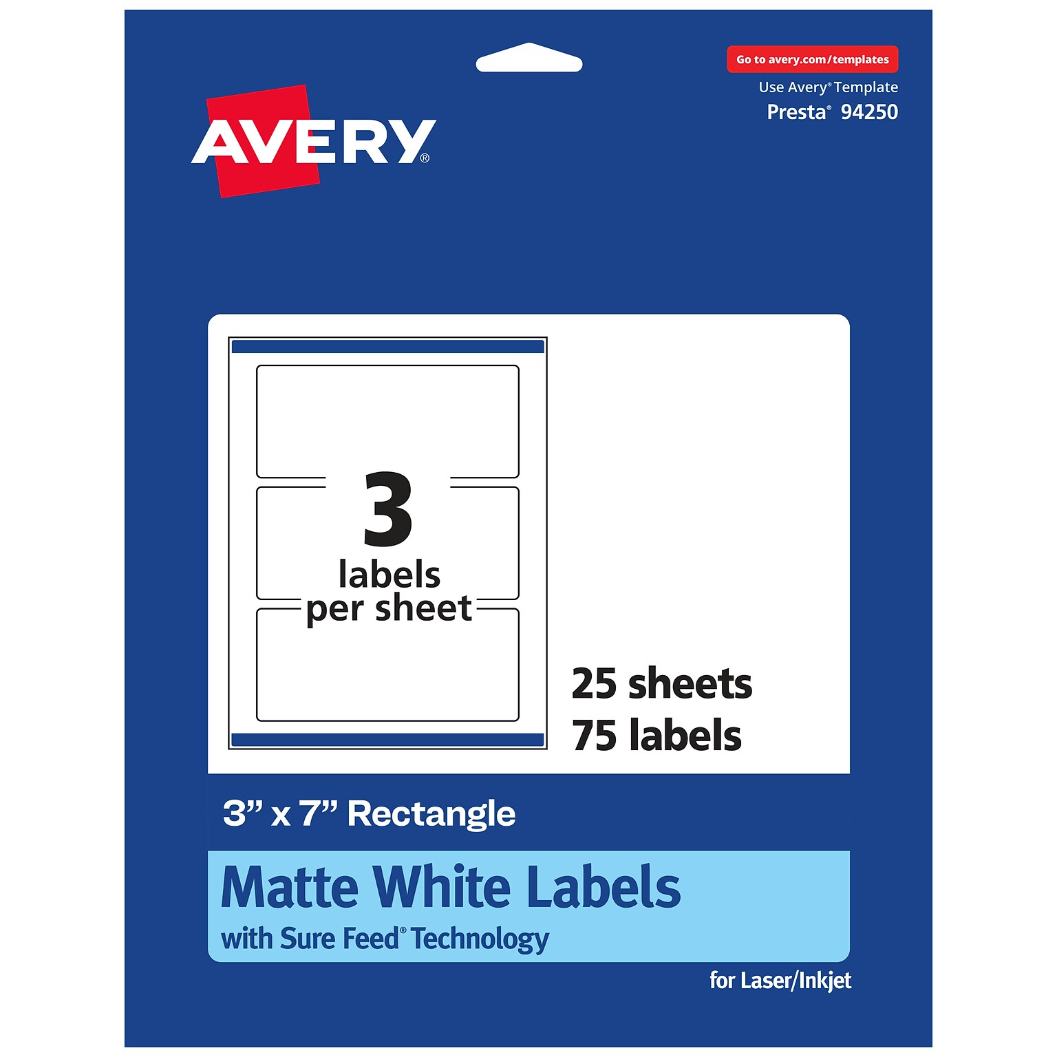 Avery Laser/Inkjet Rectangle Multipurpose Labels, 3 x 7, White, 75 Labels/Pack (94250)