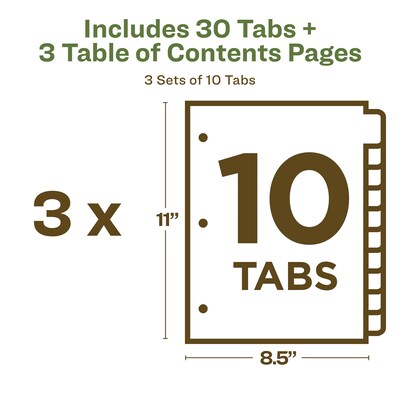 Avery Ready Index Table of Contents EcoFriendly Paper Dividers, 1-10 Tabs, Multicolor, 3 Sets/Pack (11082)
