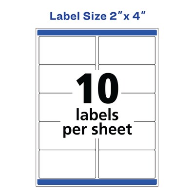 Avery Waterproof Laser Shipping Labels, 2" x 4", Matte White, 10 Labels/Sheet, 50 Sheets/Box, 500 Labels/Box (5523)