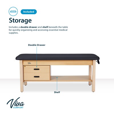 Aristo Wood H-Brace Physician Exam Table with Shelf, 2 Drawer Cabinet, Paper Cutter, Holder, 500lbs. Capacity, Black
