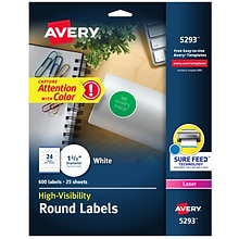 Avery High-Visibility Laser Specialty Labels, 1 2/3 Dia., White, 24 Labels/Sheet, 25 Sheets/Pack (5