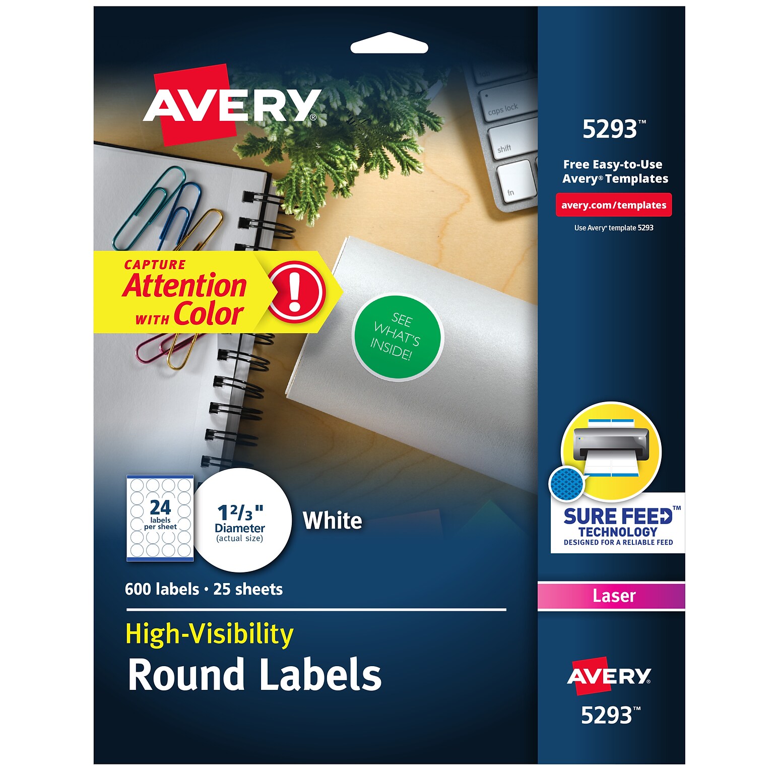 Avery High-Visibility Laser Specialty Labels, 1 2/3 Dia., White, 24 Labels/Sheet, 25 Sheets/Pack (5293)