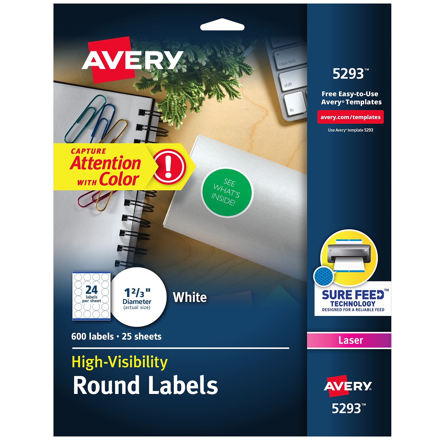 Avery Sure Feed Laser Round Labels, 1-2/3 Dia, White, 600 Labels/Pack (5293)